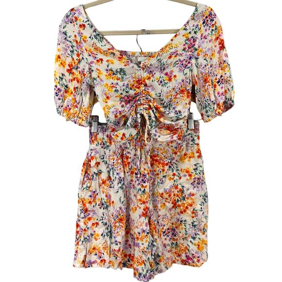 H&M Linen Blend Floral Puff Sleeve Crop Top and Shorts Set Size XS - Picture 2 of 13